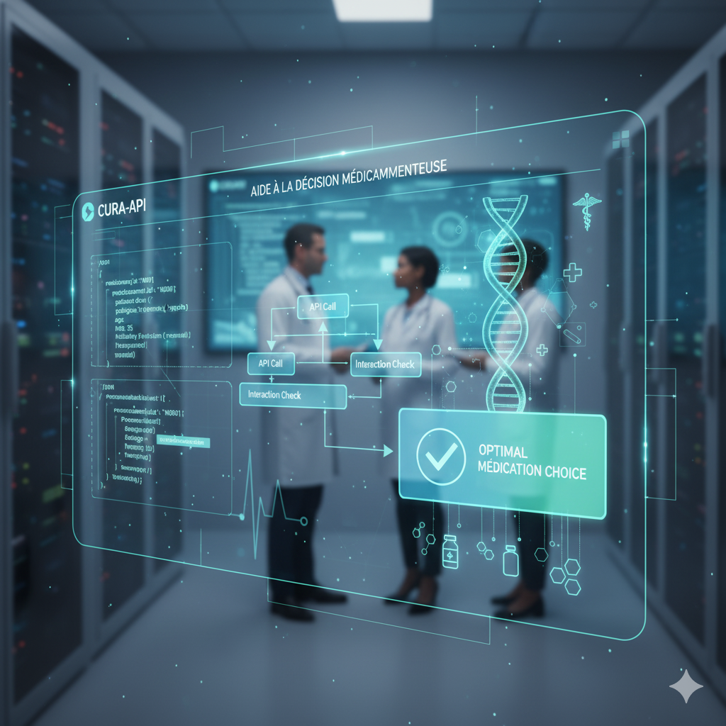 API d'Aide à la Décision Médicamenteuse avec un cerveau stylisé et des données médicales.